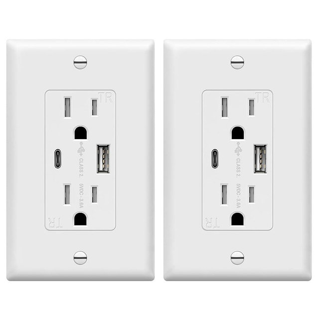 TOPGREENER USB Outlet, Type C USB Wall Charger Outlet, 15 Amp TR Receptacle Plug, Charging Power Outlet with USB Ports, Electrical USB Socket, UL Listed, TU21536AC-W-2PCS, White, 2 Pack