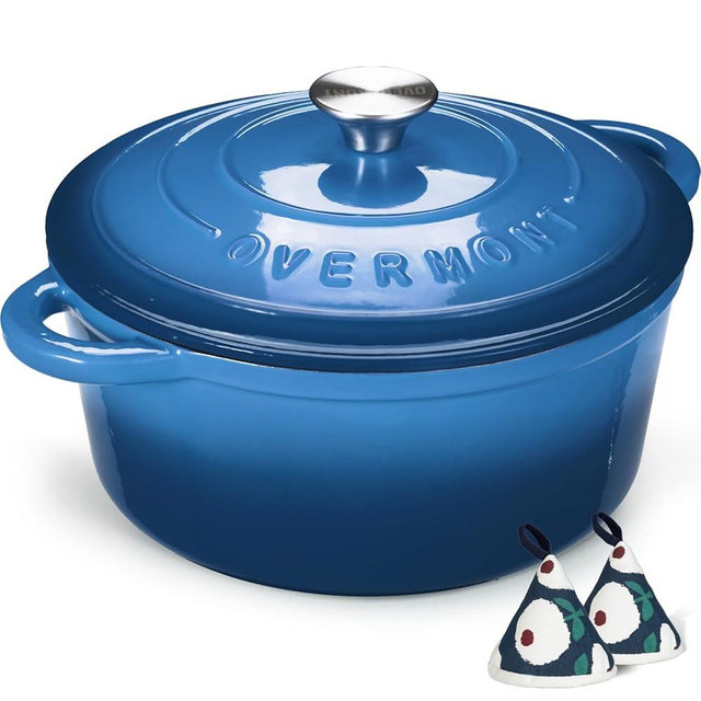 Overmont Enameled Cast Iron Dutch Oven - 4.5QT Pot with Lid Cookbook & Cotton Potholders - Heavy-Duty Cookware for Braising, Stews, Roasting, Bread Baking blue