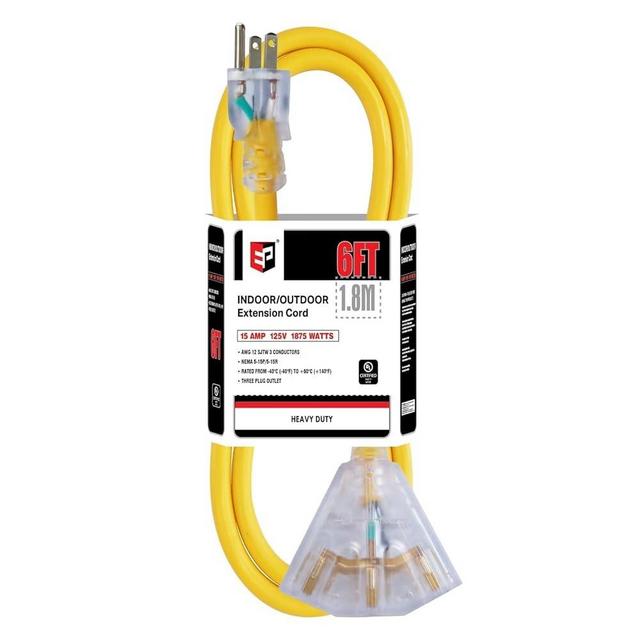 EP 6 Ft 12 Gauge Heavy Duty Extension Cord, 15A 125V 1875W, 3 Outlet Indoor/Outdoor Power Cord with Lighted End, 12/3 SJTW Weatherproof Yellow, UL Listed