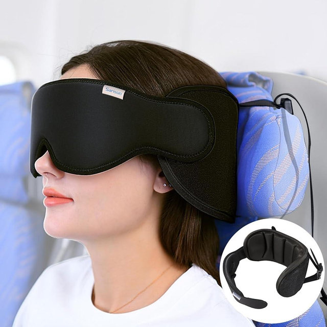 SARISUN Travel Pillows for Airplanes, Airplane Pillow for Long Flight, Airplane Head Strap with Eye Mask for Sleeping, Kids Travel Neck Pillow for Car, Road Trip Car Headrest, Stop Bobblehead, Black