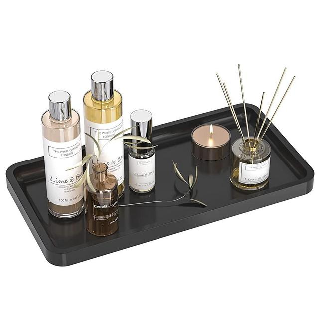 Bathroom Vanity Tray for Countertop - Bamboo Organizer Tray for Dresser Tops, Toilet, Perfume Small Decorative Tray Wood Tray for Home Decoration 11.4” L x 6.1” W x 0.7” H (Black)