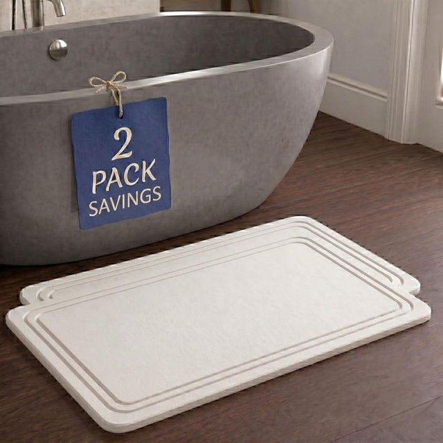 Pebble Nest Stone Bath Mat – Diatomaceous Earth Quick Drying Non-Slip Bathroom Mat – Absorbent Diatomite Shower Mat, Durable & Easy to Clean, Modern, 23.6" x 15.3" (2 Pack White - Linea)