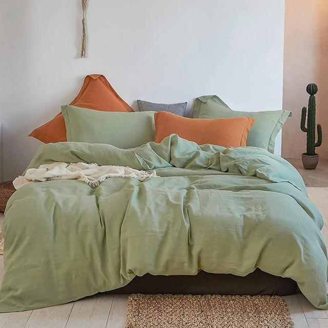 Simple&Opulence 100% Linen Duvet Cover Set 3pcs Basic Style Natural French Washed Flax Solid Color Soft Breathable Farmhouse Bedding with Button Closure (Queen, Sage Green)