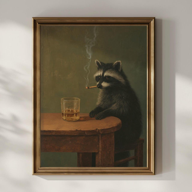 Smoking Raccoon Wall Art Funny Animal Whisky Lover Decor Moody Dark Humor Matte Poster