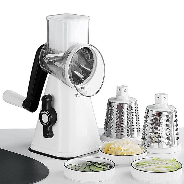 Rotary Cheese Grater,3 in 1 Multi-functional Mandoline Vegetable Shredder,Slicer with Strong Suction Base, 3 Drum Blades in Set (WHITE)