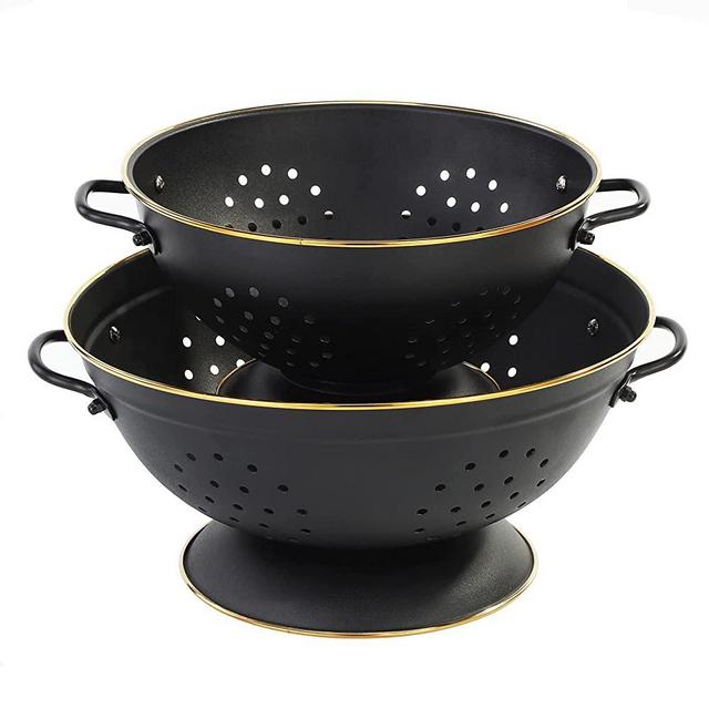 Metal Colander Set of 2, Strainer Basket with Handles perfect for Spaghetti, Pasta, Berry, Vegetable, Fruit, Solid Base Powder Coated Self-draining Kitchen Colander Bowel, 3.5 & 5 Qt, Matte Black