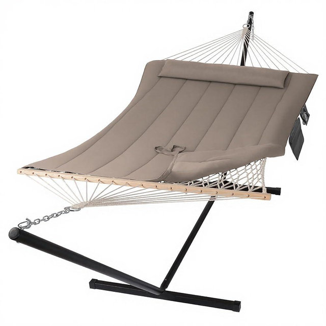 SUNCREAT Hammocks Two Person Hammock with 12ft Stand Included, Max 475lbs Capacity, Heavy Duty Free Standing Hammock, Coffee