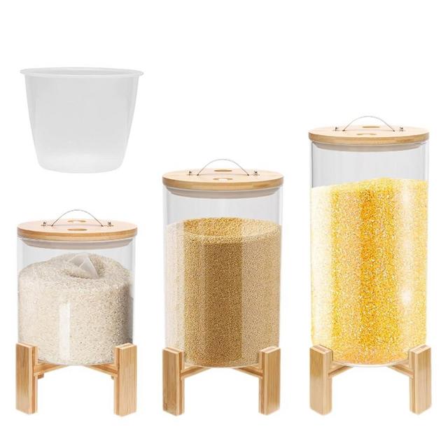 KeruRome 5L Glass Rice Dispenser with Wooden Frame & Measuring Cup Large Airtight Rice Storage Container Glass Grain Containers with Lid for Holding Rice, Cereals, Flour, Corn
