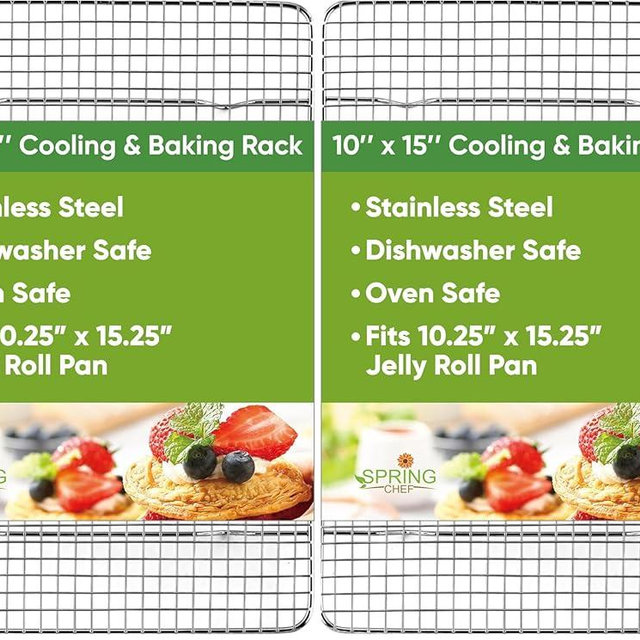 Spring Chef 10 x 15 Inch Stainless Steel Cooling Rack for Cooking & Baking - Heavy Duty Cookie Cooling Rack for Kitchen - Oven Safe - Fits Jelly Roll Pan - Dishwasher Safe (Pack of 2)