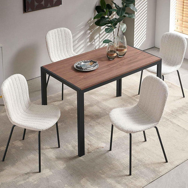 Homedot Modern Dining Table Set for 4, 47" Solid MDF Table Faux Wood Industrial Style Kitchen Table Set with 4 Beige Boucle Dining Chairs for Breakfast Nook, Dinette