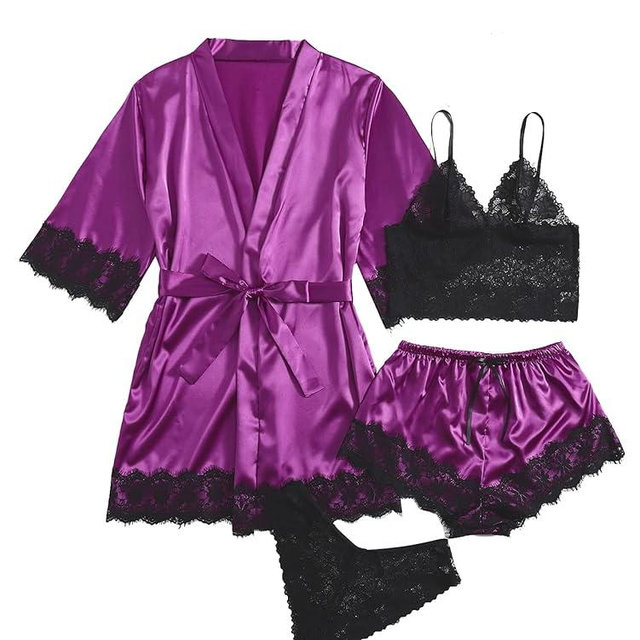 WDIRARA Women' Silk Satin Pajamas Set 4pcs Lingerie Floral Lace Cami Sleepwear with Robe