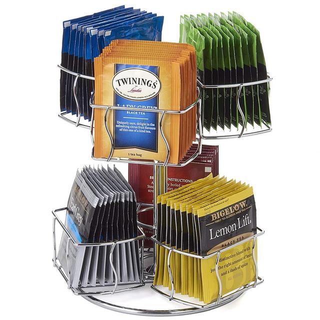 Chrome Finish Tea Bag Caddy Storage and Organizer Rotating Spinning Carousel Organize 60 Tea Bags 6 Compartments 10 Tea Bags in Each.