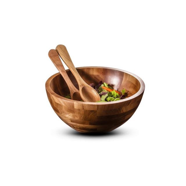 Palm Naki Premium Acacia Wood Salad Bowl and Servers Set - 3 Piece, Elegant Design