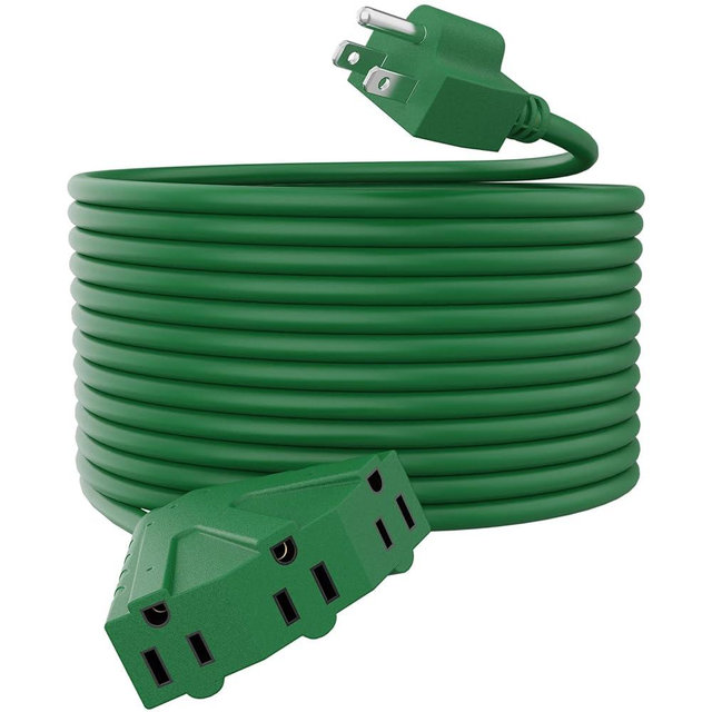 PLUGTUL 100FT Outdoor Extension Cord with Multiple Outlets, 14 Gauge, 3-Outlet, SJTW, 15A 14AWG 1875W SJTW, ETL Listed - Great for Christmas Decoration Lights, Green