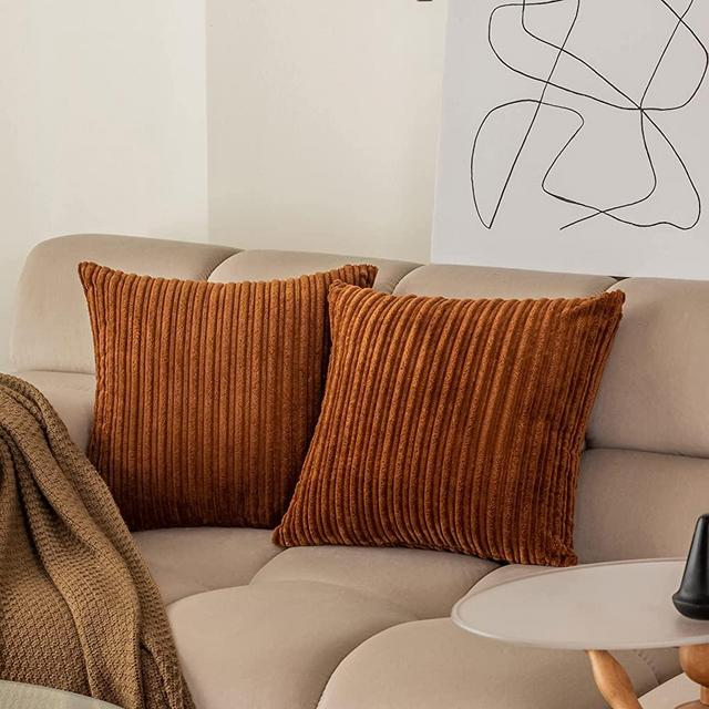 Kevin Textile Set of 2 Decor Supersoft Pillow Covers Striped Velvet Corduroy Decorative Throw Toss Cushion Cover for Sofa, Brown, (55x55 cm, 22inch)