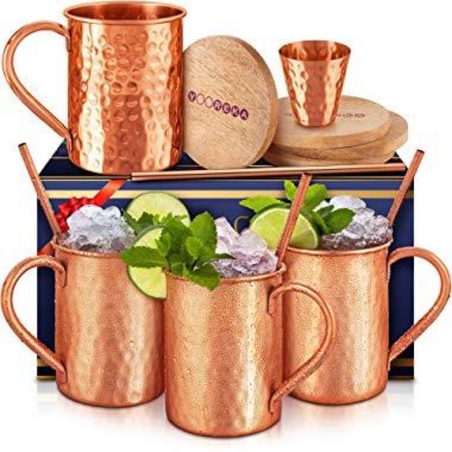 Moscow Mule Copper Mugs Set :4 16 oz. Solid Genuine Copper Mugs : Cylindrical Shape : Handmade in India, 4 Straws, 4 Wood Coasters, Shot Glass : Comes in Elegant Gift Box, by Yooreka