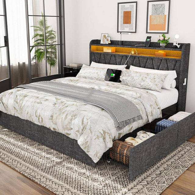 Queen Bed Frame 1500LBS Heavy Duty, 2-Tier Storage Headboard & 4 Drawers, Upholstered Metal Platform with Thicker Wooden Slats, Charging Station & LED Lights, No Box Spring Needed, Easy Assembly, Grey