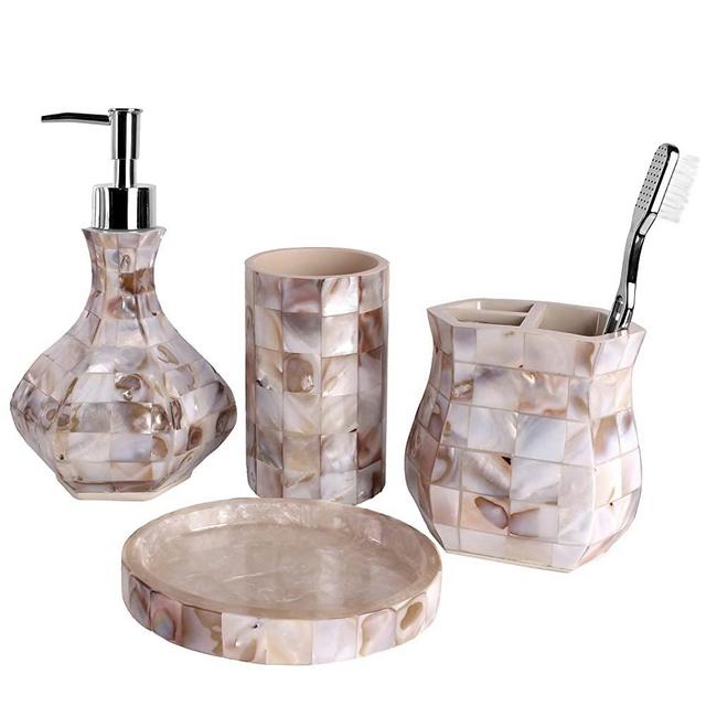 Creative Scents Milano Bath Ensemble, 4 Piece Bathroom Accessories Set, Mother of Pearl Milano Collection Bath Set Features Soap Dispenser, Toothbrush Holder, Tumbler, Soap Dish - Natural Mosaic Capiz