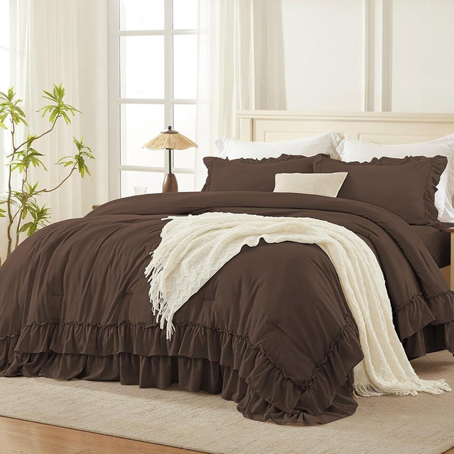 Andency Brown Queen Comforter Set (90x90Inch), 3 Pieces Lightweight Fluffy Ruffle Bedding Comforter Sets for Queen Bed, Farmhouse Shabby Chic Soft All Season Bed Set