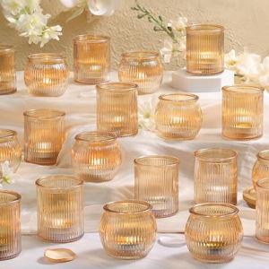24pcs Ribbed Assorted Gold Votive Candle Holders for Table Centerpiece, Tea Lights Candle Holder Glass, Gold Candle Holders for Wedding Table Decor, Party and Holiday Decorations