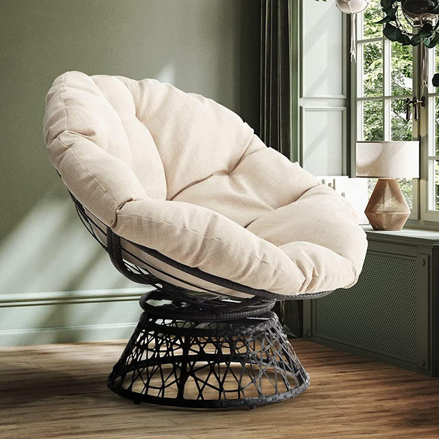 Bme Ergonomic Wicker Papasan Chair with 360 Degree Swivel for Livingroom, Bedroom, Reading Room, Leisure Lounge, Soft Density Fabric Cushion and High Capacity Steel Frame, Sepia Sand (Beige)