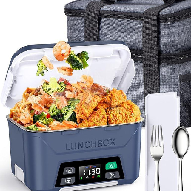 Docusvect Rechargeable Heated Lunch Box for Men, 1.3L Cordless Electric Lunch Box for Adults with Scheduled Heating, Portable Food Warmer with Large Bag, Cutlery, Removable Divider