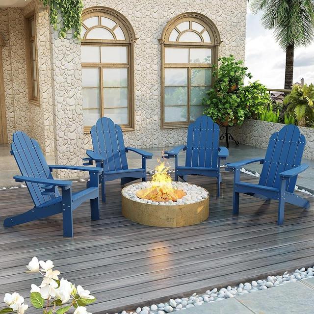 LUE BONA Adirondack Chairs Set of 4, Navy Blue HDPS Adirondack Chairs with Cup Holder, 350lbs Modern Adirondack Chair Weather Resistant, Outdoor Patio Chair for Fire Pit, Patio, Law, Balcony, Backyard