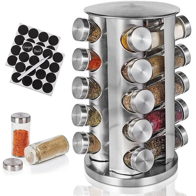 Spice Rack with 20 Jars, Spice Rack Organizer for Countertop, Spice Organizer for Cabinet, Rotating Standing Spice Holder with 32 Reusable Labels and 1 Mark Pen for Kitchen Spices (Silver)