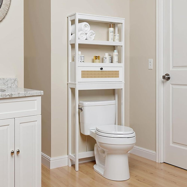GORZING Over The Toilet Storage Cabinet, 3-Tier Bathroom Organizer with Rattan Door, Wooden Space Saver for Restroom, Bathroom, Laundry