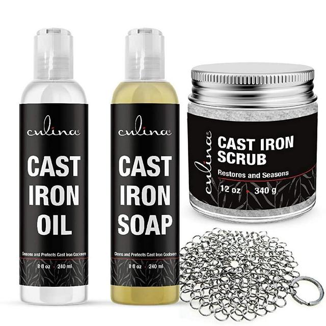 Culina Cast Iron Soap & Conditioning Oil & Stainless Scrubber & Restoring Scrub | All Natural Ingredients | Best for Cleaning, Non-stick Cooking & Restoring | for Cast Iron Cookware, Skillets, Pans