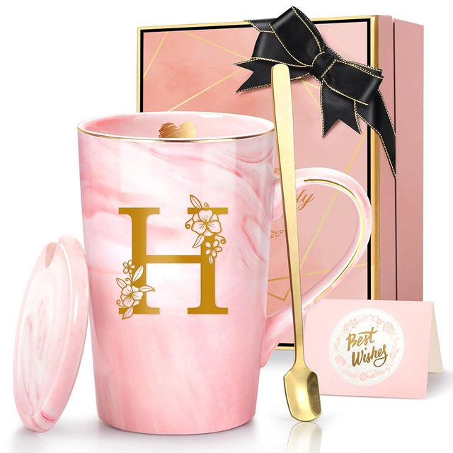 Lepiche Personalized Ceramic Coffee Mug Gifts for Women, 14 Oz Pink Initial Customized Gift Coffee Mug with Lid, Birthday Christmas Mother's Day Gifts for Her Wife Mom Grandma Friend Sister Unique,H