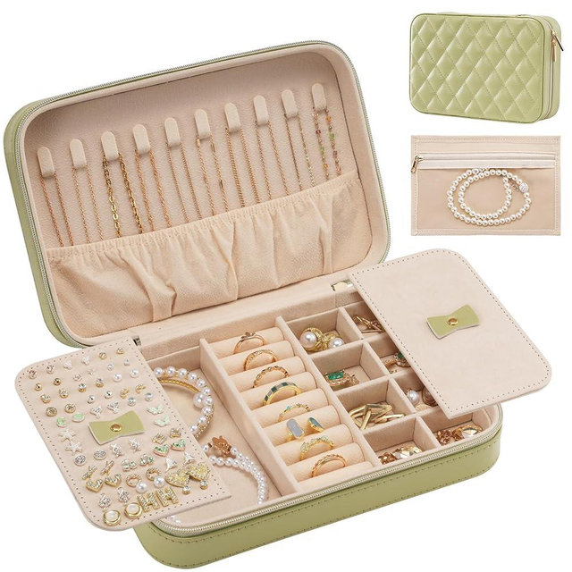 Lolalet Travel Jewelry Case for Women Girls, Travel Jewelry Organizer Box with Mirror & Clear Storage Bag, Small Portable Earring Necklace Bracelet Ring Case, Birthday Valentine Gifts -Medium, Green