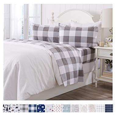 Extra Soft Buffalo Check 100% Turkish Cotton Flannel Sheet Set. Warm, Cozy, Luxury Winter Bed Sheets. Belle Collection (King, Grey)