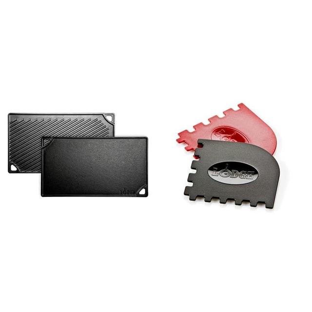 Lodge LDP3 Reversible Grill/Griddle, 9.5-inch x 16.75-inch & SCRAPERGPK Durable Grill Pan Scrapers, Red and Black, 2-Pack
