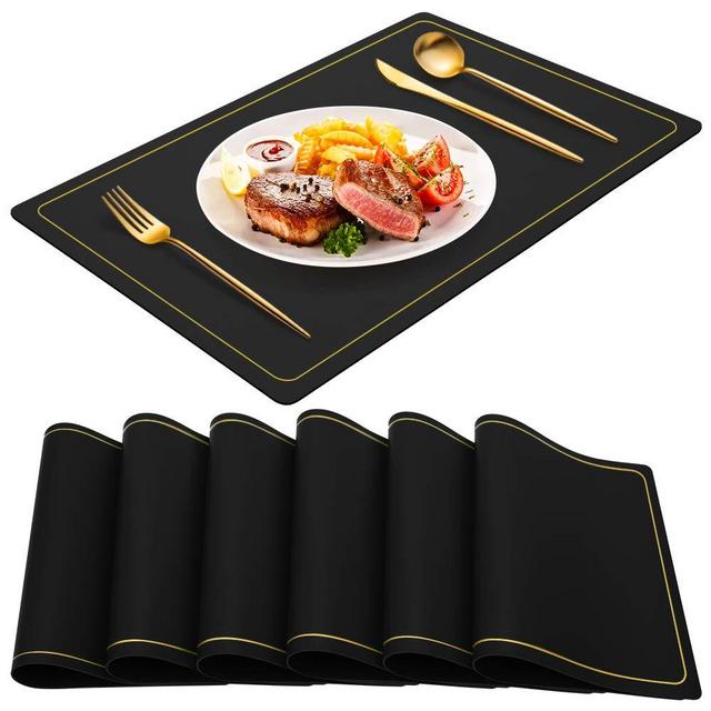 WEHVKEI Black Placemats for Dining Table Set of 6, Waterproof Wipeable PU Leather Place Mats Indoor, Washable Kitchen Table Mats for Easter Thanksgiving Christmas New Year Party Home Decor