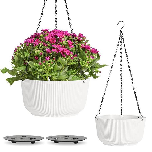 T4U 10 Inch Hanging Planters for Indoor Outdoor Plants, 2 Pack White Self Watering Hanging Plant Pot, Hanging Pots Set with Drainage Hole & Plug & Chain with 3 Hooks for Garden Home Decor