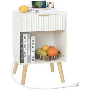 White Nightstand with Charging Station, Mid Century Modern Bedside Table with Drawers and Outlet,Side Tables Living Room, Wooden Night Stand for Bedroom, Office (White)