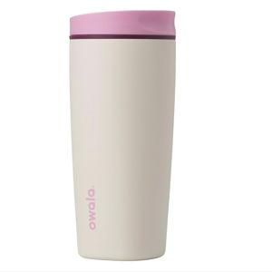 Owala SmoothSip Slider Insulated Stainless Steel Coffee Tumbler, Reusable Iced Coffee Cup, Hot Coffee Travel Mug, BPA Free 20 oz, Pink/Tan (Daybreak)