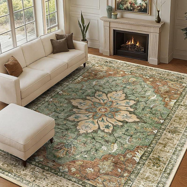 RELEANY Area Rugs 9'x12' Washable Non-Slip, Floral Vintage Distress Print Pattern Medallion Carpet for Living Room Bedroom Dining Room, Brick Red Rust Red Neutral