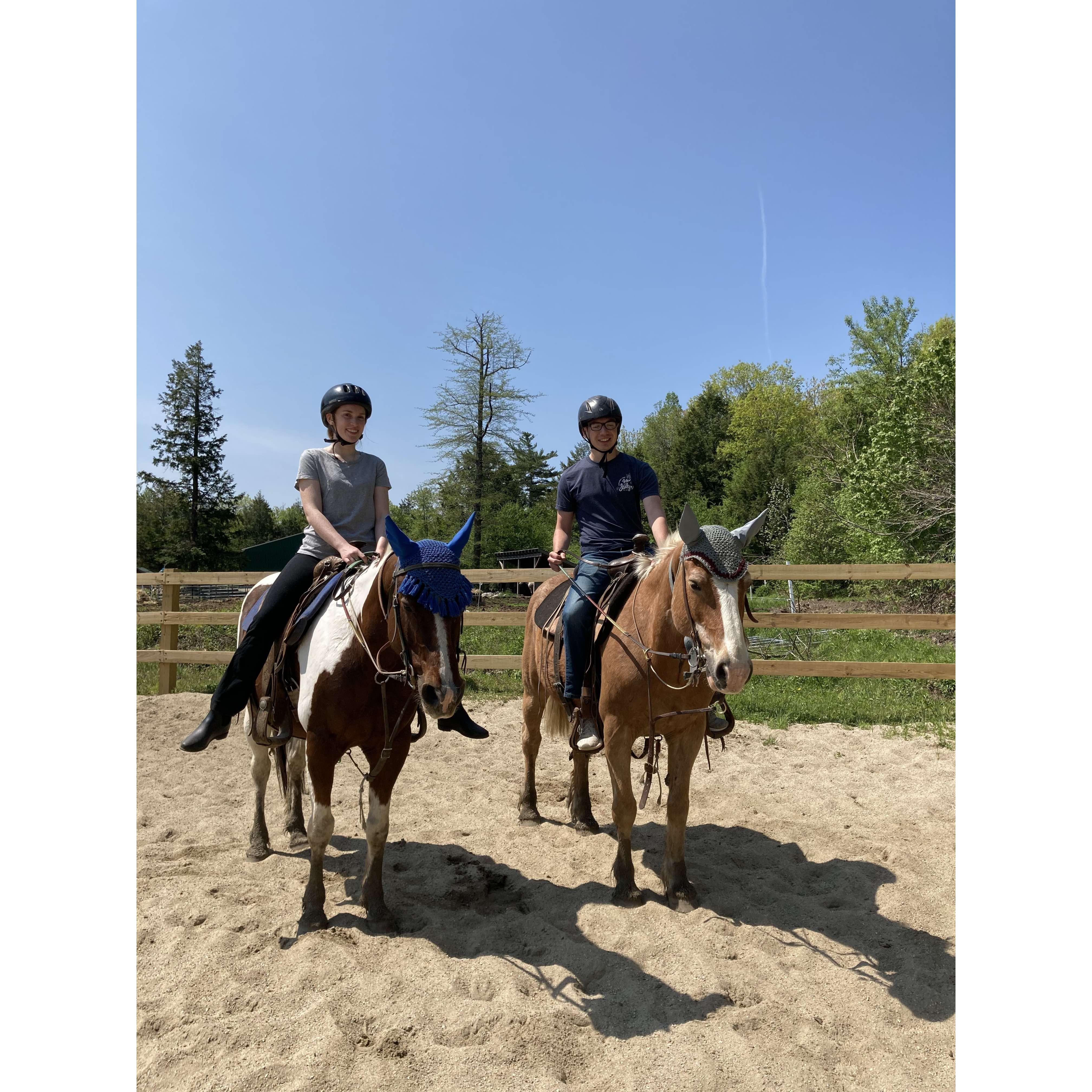 May 2021: Olivia taking Brian on his first horse back riding lesson.