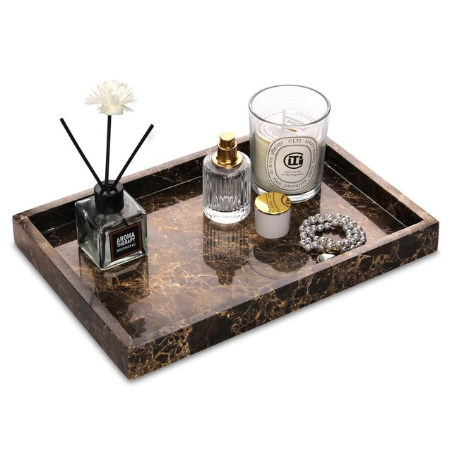 Marble Bathroom Vanity Tray, Natural Luxury Dark Brown Vanity Home Kitchen Bathroom Table Tray, Stone Decorative Countertop Dresser Trays for Key Coffee Perfume Jewelry Makeup