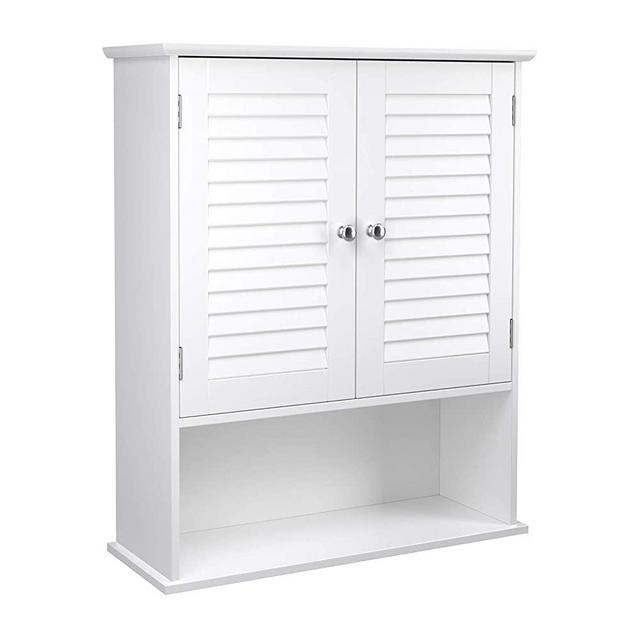VASAGLE Wall Cabinet, Hanging Bathroom Storage Organizer, Medicine Cupboard with Adjustable Shelf, Double Shutter Doors and Open Shelf, 23.6 x 7.8 x 27.5 Inches, Wooden, White UBBC27WT