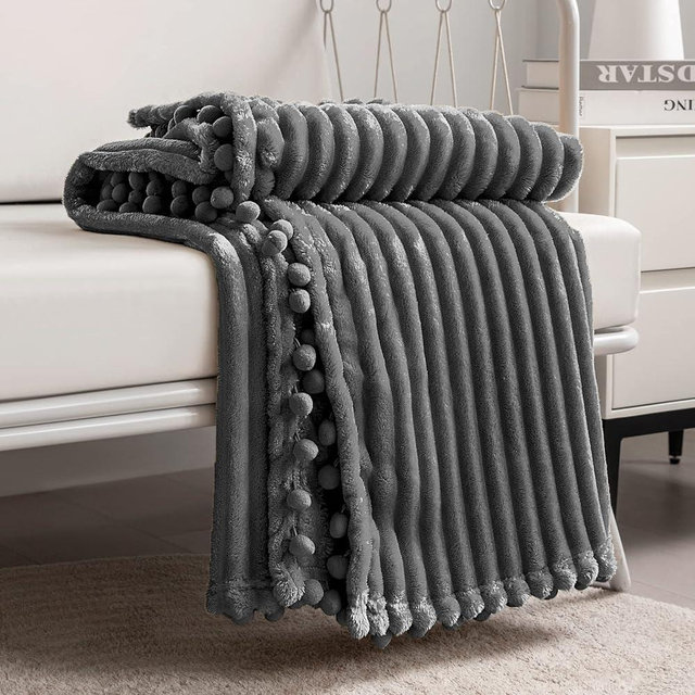 DISSA Fleece Blanket Throw Size – 51x63, Dark Grey – Soft, Plush, Fluffy, Fuzzy, Warm, Cozy – Perfect Throw for Couch, Bed, Sofa - with Pompom Fringe - Flannel Blanket Throw Blanket