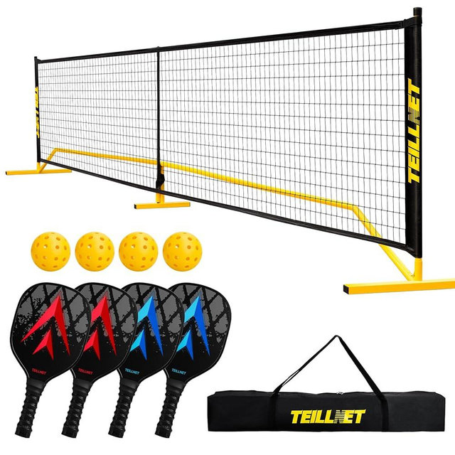 Pickleball Paddles Set - 4 Pickle Ball Paddles Wodden, 1 Pickleball Net Portable, 4 Balls 40 Holes and 1 Carrying Bag, Weather-Resistant Metal Frame, Pickleball Gifts Set for Outdoor Indoor Driveway