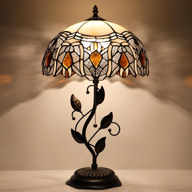 HZYFFYU Tiffany Table Lamp Stained Glass Desk Lamp Metal Leaf Base Reading Light 12X19 Inch (Crystal Style)
