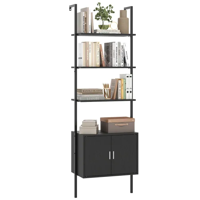 Costway 72.5" Tall Bookshelf 5 Tier Wall Mount Ladder Bookcase w/ Cabinet Black