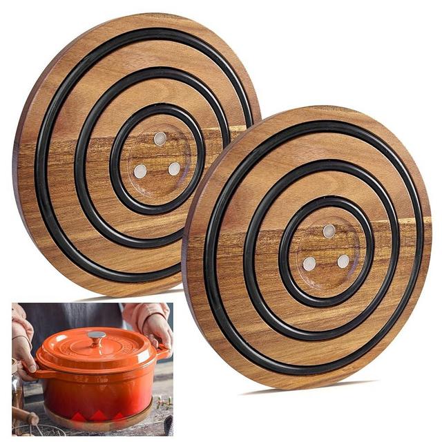 LAIAMER 2 PCS Magnetic Wooden Trivets for Hot Pots and Pans, Heat Resistant Acacia Wood Trivet with Cushioning Silicone Strips for le creuset Dutch Ovens Hot Dishes Pots Holder