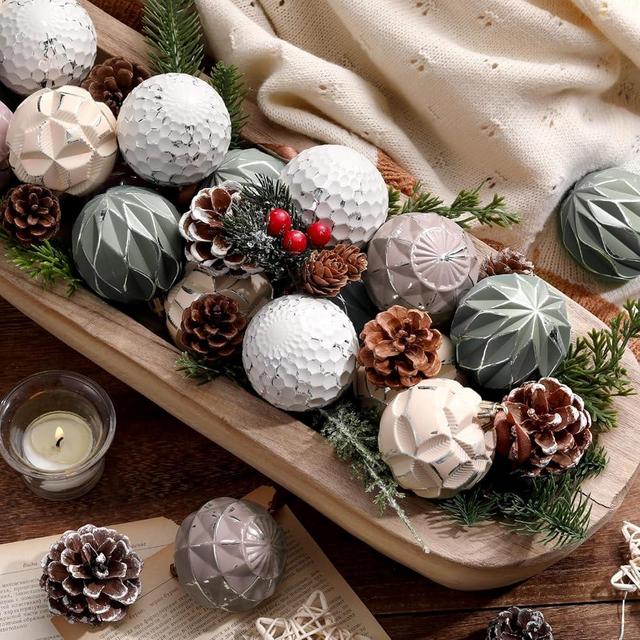 Syhood 24 Pcs Neutral Textured Christmas Ball Ornaments 2.36 Inch Vintage Christmas Tree Decorations Rustic Distressed Christmas Ornaments Farmhouse Holiday Decor for Xmas Tree (Neutral)