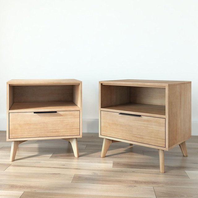 Plank+Beam Haven Nightstand with Shelf, 2-Pack - Solid Pine & Engineered Wood, 1 Drawer, Open Cubby, Low-VOC Finish, Easy Assembly with Anti-Tip Kit, Blonde with Black Handle