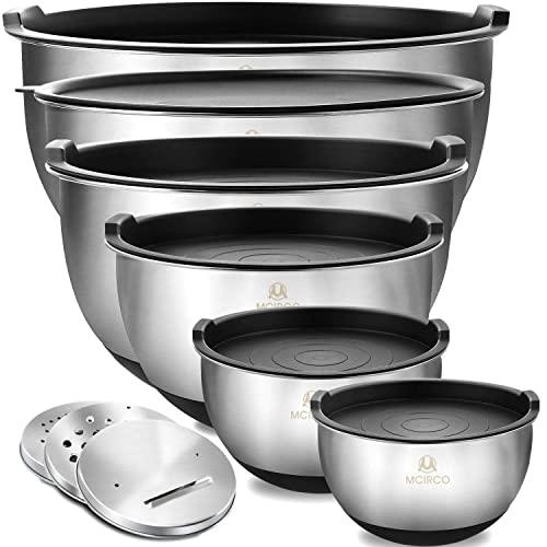 Mixing Bowls with Airtight Lids, Premium Stainless Steel Nesting Bowls Set of 6, Size 5, 4.5, 3, 2.5, 1.5,1.2 QT, 3 Grater Attachments, Measurement Marks & Non-Slip Bottoms, Great for Mixing & Serving